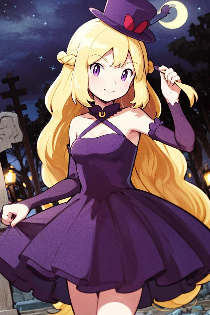 <lora:Gamma:0.8>,centered, award winning photo, (looking at viewer:1.2), | Haunter_Pokemon, floating | crescent moon, graveyard, | bokeh, depth of field, cinematic composition, | <lora:Haunter_Pokemon_Anime:0.9>, 1girl, purple eyes, smile, very long hair, blonde hair, long blonde hair,( french braid:1.1), bangs, medium breasts, hair ribbon, frilled choker, criss-cross halter, (purple dress dress:1.1), sleeveless dress, high-waist skirt, backless dress, waist bow, black detached sleeves, frilled sleeves, small top hat,