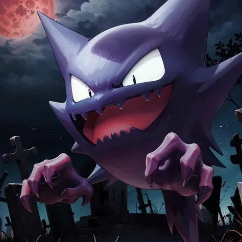 ((masterpiece,best quality)),
<lora:Haunter_Pokemon_Anime:0.9>, Haunter_Pokemon, floating,  no humans, pokemon \(creature\),
solo, smiling, looking at viewer, dark purple, 
graveyard, red moon,
cinematic composition,