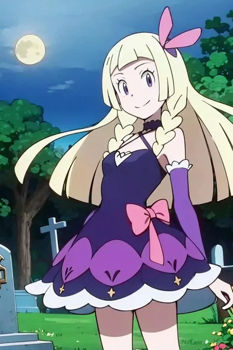 <lora:Alola_Style:0.65>,centered, award winning photo, (looking at viewer:1.2), | Haunter_Pokemon, floating | crescent moon, graveyard, | bokeh, depth of field, cinematic composition, | <lora:Haunter_Pokemon_Anime:0.9>, 1girl, purple eyes, smile, very long hair, blonde hair, long blonde hair,( french braid:1.1), bangs, medium breasts, hair ribbon, frilled choker, criss-cross halter, (purple dress dress:1.1), sleeveless dress, high-waist skirt, backless dress, waist bow, black detached sleeves, frilled sleeves, small top hat, <lora:lillie_(pokemon)_v1:0.7>, aalillie,