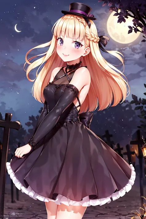 <lora:Puppypaww_Style:0.8>,centered, award winning photo, (looking at viewer:1.2), | Haunter_Pokemon, floating | crescent moon, graveyard, | bokeh, depth of field, cinematic composition, | <lora:Haunter_Pokemon_Anime:0.9>, 1girl, purple eyes, smile, very long hair, blonde hair, short hair, blunt bangs, hime cut, ( french braid:1.1), bangs, medium breasts, hair ribbon, frilled choker, criss-cross halter, (purple dress dress:1.1), sleeveless dress, high-waist skirt, backless dress, waist bow, black detached sleeves, frilled sleeves, small top hat,