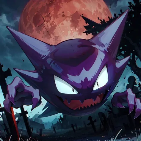 ((masterpiece,best quality)),
<lora:Haunter_Pokemon_Anime:0.9>, Haunter_Pokemon, floating, no humans, pokemon \(creature\),
solo, smiling, looking at viewer, dark purple, red glowing eyes,
graveyard, red moon,
cinematic composition,