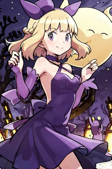 <lora:Gamma:0.8>,centered, award winning photo, (looking at viewer:1.2), | Haunter_Pokemon, floating | crescent moon, graveyard, | bokeh, depth of field, cinematic composition, | <lora:Haunter_Pokemon_Anime:0.9>, 1girl, purple eyes, smile, very long hair, blonde hair, short hair, blunt bangs, hime cut, ( french braid:1.1), bangs, medium breasts, hair ribbon, frilled choker, criss-cross halter, (purple dress dress:1.1), sleeveless dress, high-waist skirt, backless dress, waist bow, black detached sleeves, frilled sleeves, small top hat,