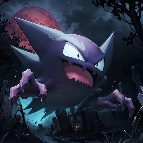 ((masterpiece,best quality)),
<lora:Haunter_Pokemon_Anime:0.9>, Haunter_Pokemon, floating,  no humans, pokemon \(creature\),
solo, smiling, looking at viewer, dark purple, 
graveyard, red moon,
cinematic composition,