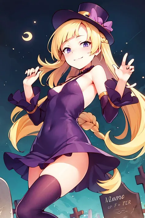 <lora:ricegnat_style:0.8>,centered, award winning photo, (looking at viewer:1.2), | Haunter_Pokemon, floating | crescent moon, graveyard, | bokeh, depth of field, cinematic composition, | <lora:Haunter_Pokemon_Anime:0.9>, 1girl, purple eyes, smile, very long hair, blonde hair, short hair, blunt bangs, hime cut, ( french braid:1.1), bangs, medium breasts, hair ribbon, frilled choker, criss-cross halter, (purple dress dress:1.1), sleeveless dress, high-waist skirt, backless dress, waist bow, black detached sleeves, frilled sleeves, small top hat,