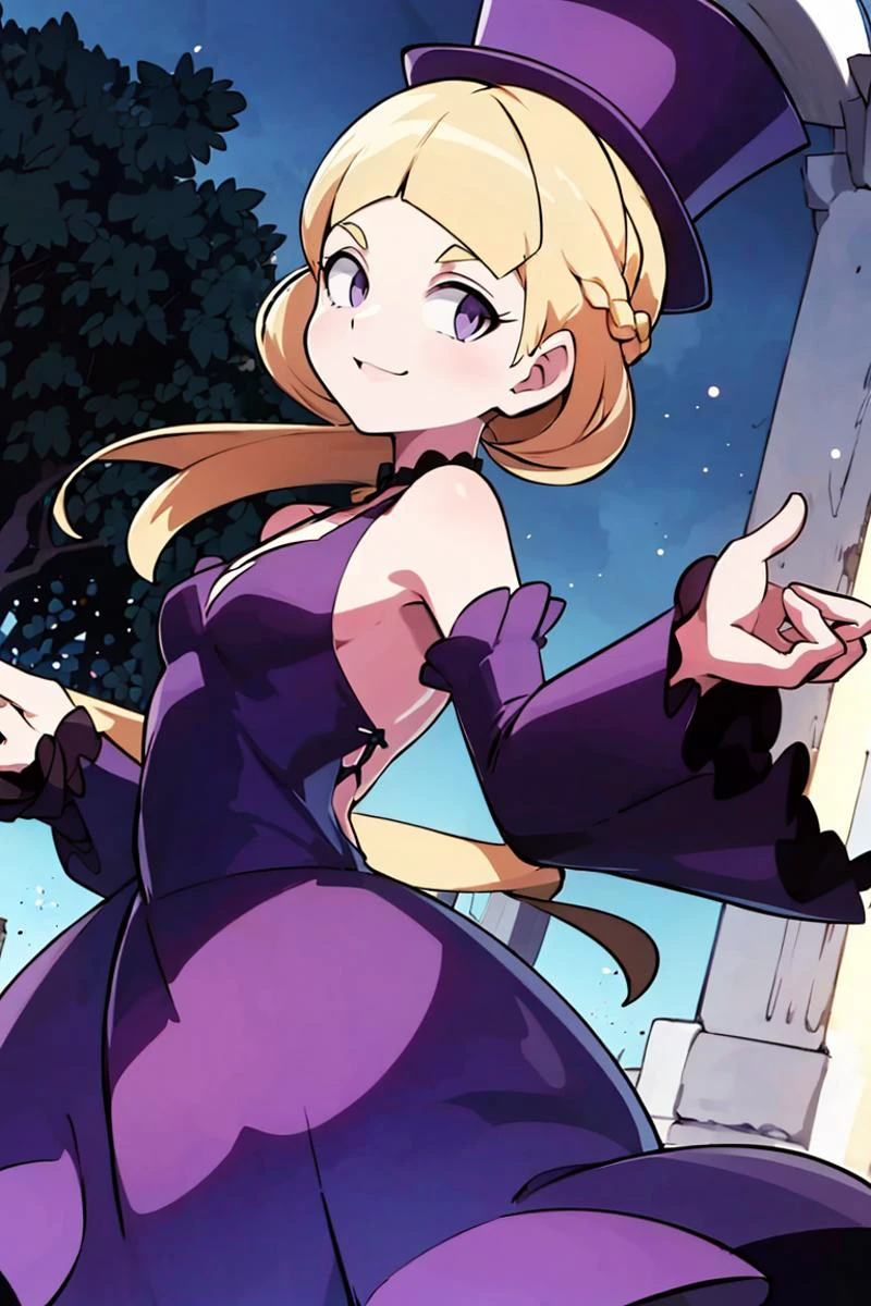 <lora:Bigdead_Style_Dim32:0.8>,centered, award winning photo, (looking at viewer:1.2), | Haunter_Pokemon, floating | crescent moon, graveyard, | bokeh, depth of field, cinematic composition, | <lora:Haunter_Pokemon_Anime:0.9>, 1girl, purple eyes, smile, very long hair, blonde hair, short hair, blunt bangs, hime cut, ( french braid:1.1), bangs, medium breasts, hair ribbon, frilled choker, criss-cross halter, (purple dress dress:1.1), sleeveless dress, high-waist skirt, backless dress, waist bow, black detached sleeves, frilled sleeves, small top hat,