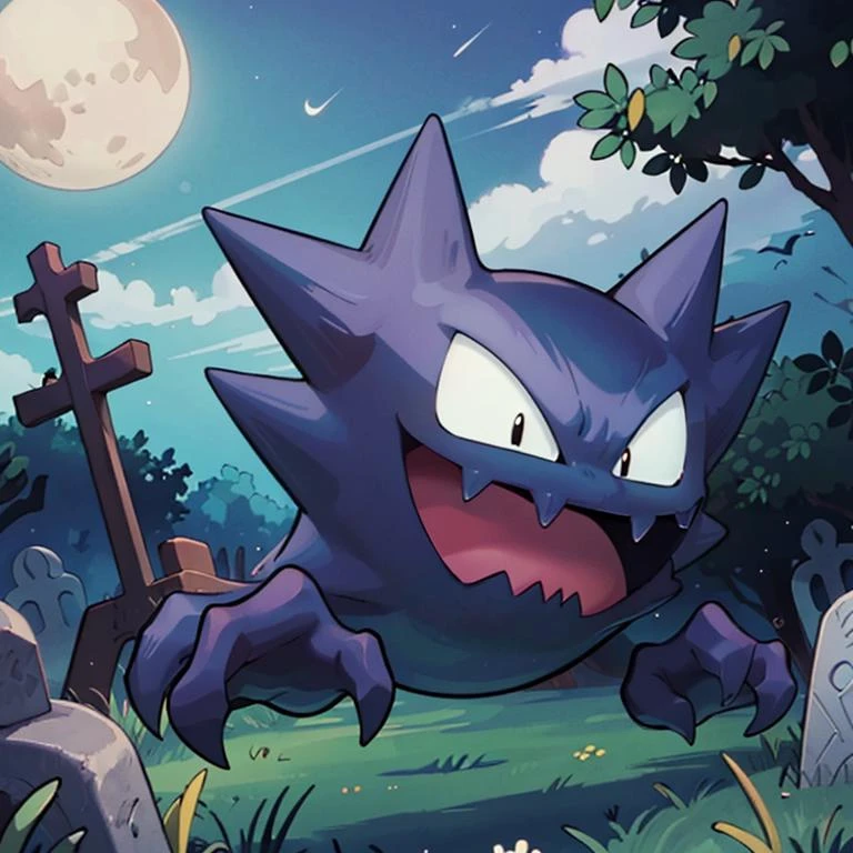 ((masterpiece,best quality)),
<lora:Haunter_Pokemon_Anime:0.9>, Haunter_Pokemon, floating, no humans, pokemon \(creature\),
solo, smiling, looking at viewer,
graveyard, crescent moon,
cinematic composition,