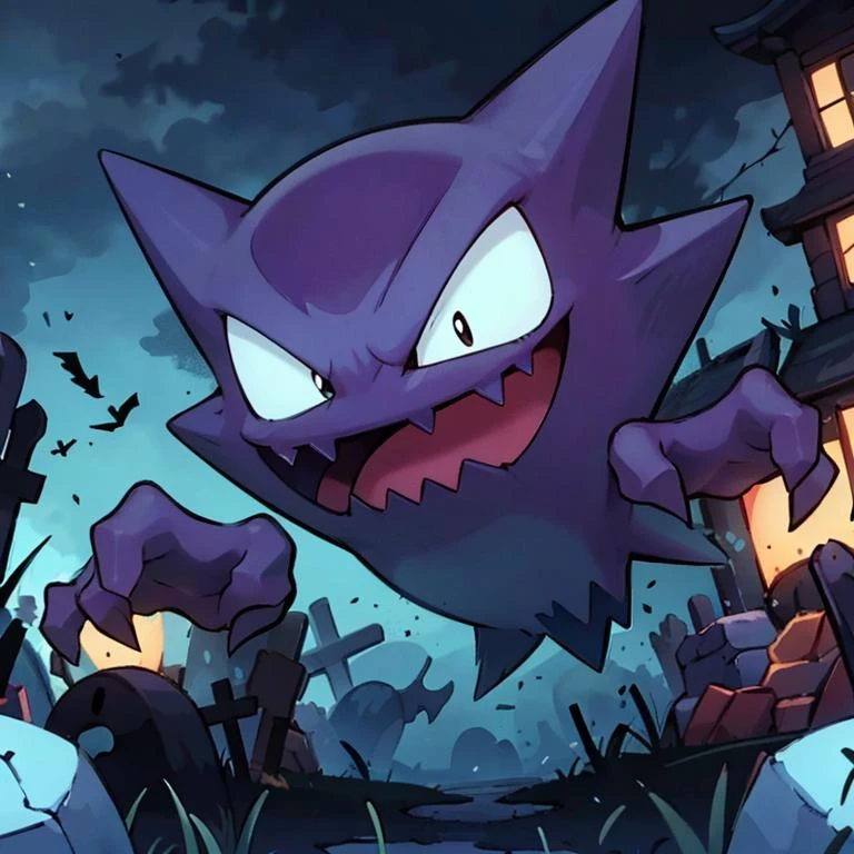 centered, award winning photo, (looking at viewer:1.2), | evil grin, Haunter_Pokemon, floating, no humans, pokemon \(creature\), | graveyard, orange theme, bokeh, depth of field, cinematic composition, | <lora:Haunter_Pokemon_Anime:0.8>