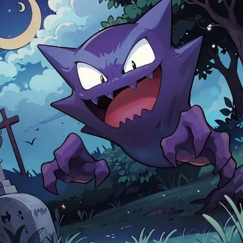 ((masterpiece,best quality)),
<lora:Haunter_Pokemon_Anime:0.9>, Haunter_Pokemon, floating, no humans, pokemon \(creature\),
solo, smiling, looking at viewer,
graveyard, crescent moon,
cinematic composition,
