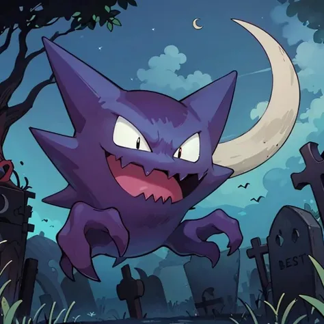 ((masterpiece,best quality)),
<lora:Haunter_Pokemon_Anime:0.9>, Haunter_Pokemon, floating, no humans, pokemon \(creature\),
solo, smiling, looking at viewer,
graveyard, crescent moon,
cinematic composition,