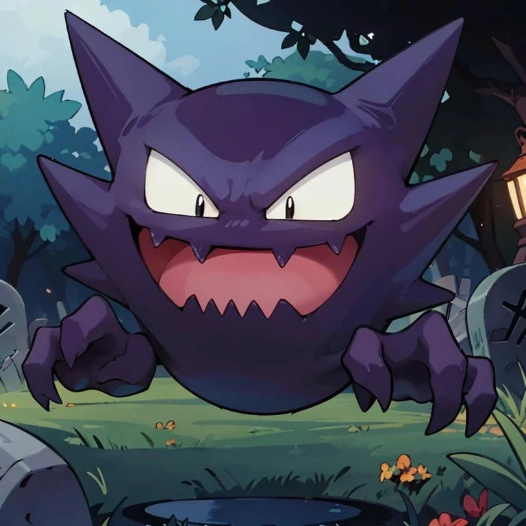 centered, award winning photo, (looking at viewer:1.2), | evil grin, Haunter_Pokemon, floating, no humans, pokemon \(creature\), | graveyard, orange theme, bokeh, depth of field, cinematic composition, | <lora:Haunter_Pokemon_Anime:0.8>