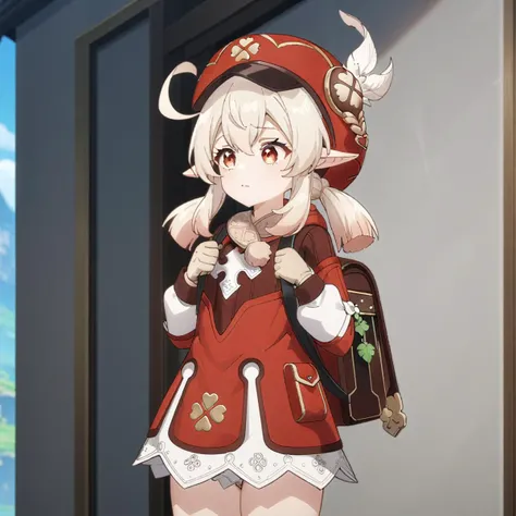 masterpiece,best quality,very aesthetic,absurdres,(sexy posture),solo,
cowboy_shot,anime screenshot,outdoors,
1girl,klee \(genshin impact\),genshin impact,hat,twintails,pointy ears,long hair,ahoge,hair between eyes,low twintails,gloves,long sleeves,red headwear,backpack,