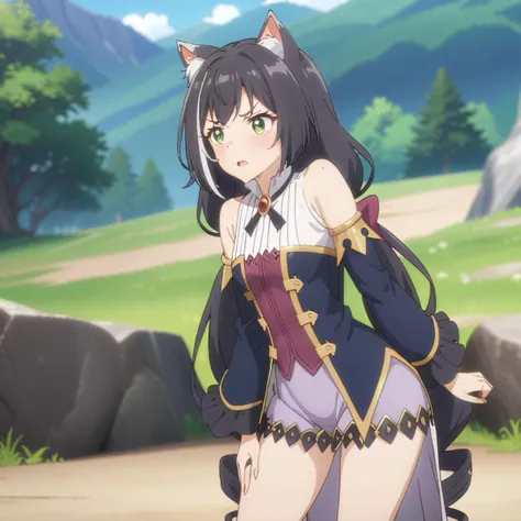 masterpiece,best quality,very aesthetic,absurdres,(sexy posture),solo,
cowboy_shot,anime screenshot,outdoors,
 1girl, karyl \(princess connect!\), princess connect!, animal ears, cat ears, cat girl, multicolored hair, black hair, streaked hair, long hair, animal ear fluff, green eyes, white hair,