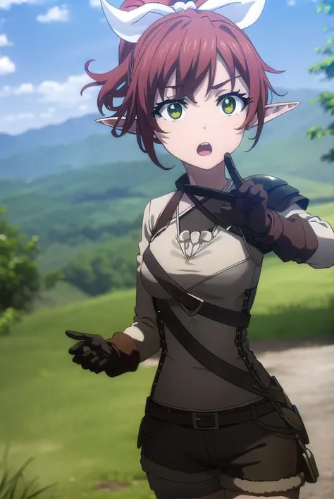 NSFW,(((1girl,1boy,fellatio))),clothed,rheafighter, rhea fighter, (green eyes:1.5), hair ribbon, ponytail, red hair, pointy ears, elf, white bow, white ribbon, ribbon,
BREAK gloves, bow, pantyhose, shorts, belt, armor, black pantyhose, fur trim, short shorts, brown gloves, toeless legwear, legwear under shorts, brown shorts,
BREAK outdoors, forest, grass, nature, sky, cloud, sun,
BREAK looking at viewer, (cowboy shot:1.5),
BREAK (masterpiece:1.2), best quality, high resolution, unity 8k wallpaper, (illustration:0.8), (beautiful detailed eyes:1.6), extremely detailed face, perfect lighting, extremely detailed CG, (perfect hands, perfect anatomy),
