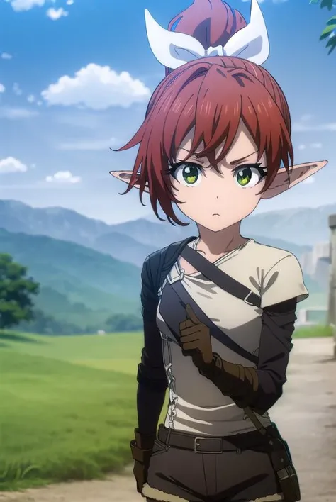 rheafighter, <lora:rheafighter-lora-nochekaiser:1>,
rhea fighter, (green eyes:1.5), hair ribbon, ponytail, red hair, pointy ears, elf, white bow, white ribbon, ribbon,
BREAK gloves, bow, pantyhose, shorts, belt, armor, black pantyhose, fur trim, short shorts, brown gloves, toeless legwear, legwear under shorts, brown shorts,
BREAK outdoors, forest, grass, nature, sky, cloud, sun,
BREAK looking at viewer, (cowboy shot:1.5),
BREAK <lyco:GoodHands-beta2:1>, (masterpiece:1.2), best quality, high resolution, unity 8k wallpaper, (illustration:0.8), (beautiful detailed eyes:1.6), extremely detailed face, perfect lighting, extremely detailed CG, (perfect hands, perfect anatomy),