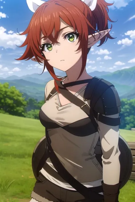 rheafighter, <lora:rheafighter-lora-nochekaiser:1>, 
rhea fighter, (green eyes:1.5), hair ribbon, ponytail, red hair, pointy ears, elf, white bow, white ribbon, ribbon,
BREAK gloves, bow, pantyhose, shorts, belt, armor, black pantyhose, fur trim, short shorts, brown gloves, toeless legwear, legwear under shorts, brown shorts,
BREAK outdoors, forest, grass, nature, sky, cloud, sun,
BREAK looking at viewer, (cowboy shot:1.5),
BREAK <lyco:GoodHands-beta2:1>, (masterpiece:1.2), best quality, high resolution, unity 8k wallpaper, (illustration:0.8), (beautiful detailed eyes:1.6), extremely detailed face, perfect lighting, extremely detailed CG, (perfect hands, perfect anatomy),