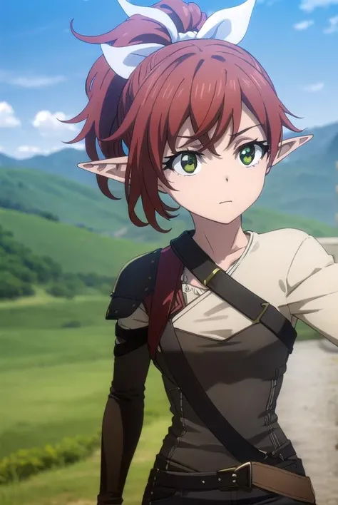 rheafighter, <lora:rheafighter-lora-nochekaiser:1>,
rhea fighter, (green eyes:1.5), hair ribbon, ponytail, red hair, pointy ears, elf, white bow, white ribbon, ribbon,
BREAK gloves, bow, pantyhose, shorts, belt, armor, black pantyhose, fur trim, short shorts, brown gloves, toeless legwear, legwear under shorts, brown shorts,
BREAK outdoors, forest, grass, nature, sky, cloud, sun,
BREAK looking at viewer, (cowboy shot:1.5),
BREAK <lyco:GoodHands-beta2:1>, (masterpiece:1.2), best quality, high resolution, unity 8k wallpaper, (illustration:0.8), (beautiful detailed eyes:1.6), extremely detailed face, perfect lighting, extremely detailed CG, (perfect hands, perfect anatomy),