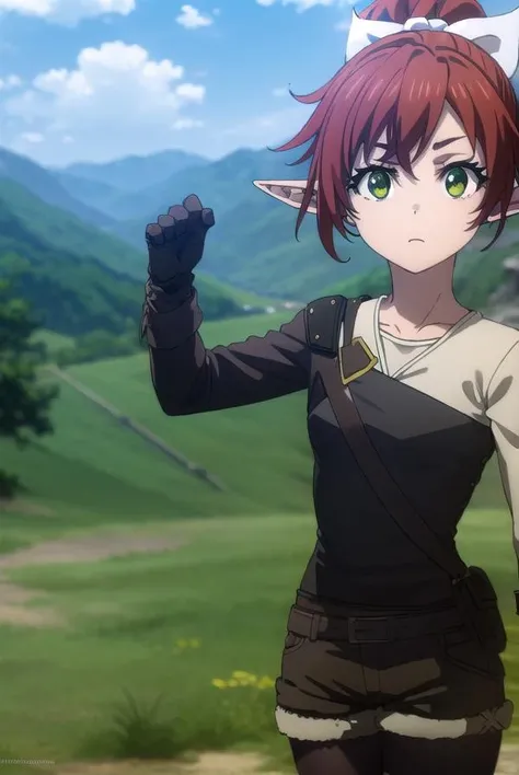 rheafighter, <lora:rheafighter-lora-nochekaiser:1>, 
rhea fighter, (green eyes:1.5), hair ribbon, ponytail, red hair, pointy ears, elf, white bow, white ribbon, ribbon,
BREAK gloves, bow, pantyhose, shorts, belt, armor, black pantyhose, fur trim, short shorts, brown gloves, toeless legwear, legwear under shorts, brown shorts,
BREAK outdoors, forest, grass, nature, sky, cloud, sun,
BREAK looking at viewer, (cowboy shot:1.5),
BREAK <lyco:GoodHands-beta2:1>, (masterpiece:1.2), best quality, high resolution, unity 8k wallpaper, (illustration:0.8), (beautiful detailed eyes:1.6), extremely detailed face, perfect lighting, extremely detailed CG, (perfect hands, perfect anatomy),