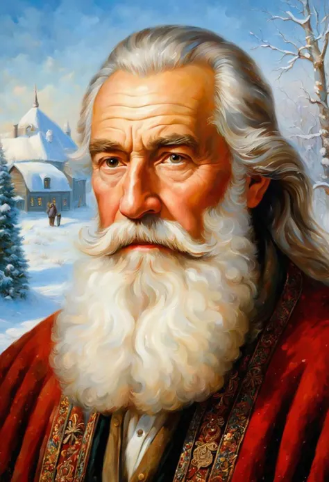 ((best quality)), ((masterpiece)), detailed soft oil painting, detailed background, soft edge lighting, professional, ultra quality, 4k,(masteriece, best quality, 8k, ultra highres, highres:1.4), extremely detailed,
((a strong man of 60 years old with a long snow-white beard in the image of Russian, slavic Grandpa Moroz Morozko))
(standing:2) (full body photo:2) in the snowy forest,
stands in a snowy forest among snow-covered fir trees,
in a white fur coat trimmed with swan down or sable fur, embroidered with traditional Russian ornaments in silver - stars, crosses, geese, drawing in the style of oil painting, medium brush strokes, khokhloma style, slavic style,
On the head is a traditional white warm boyar hat in the shape of a semi-oval, decorated with traditional Russian silver and pearl embroidery, trimmed with swan's down.
on her hands are huge white three-fingered mittens, decorated with traditional Russian silver embroidery.
The fur coat is tied with a white sash, embroidered with traditional Russian patterns.
On his feet are exclusively white felt boots embroidered with silver.
With his right hand he holds a long magical crystal staff with a twisted handle. The staff is decorated with a moon and a bull's head.
looks at the viewer, cheerful calm kind look, kind smile, cheeks red from frost,
winter, a bright sunny frosty day, fluffy Christmas trees in snow, snow sparkles under the rays of the sun,
by Vasnetsov, by Surikov, by Rimsky-Korsakov,