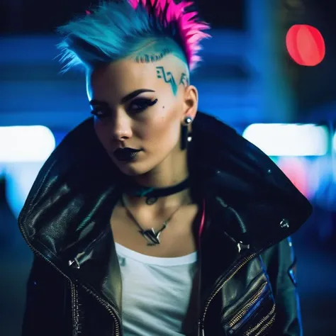 photo of a young girl, 1girl, solo, punk, blue mohawk, winking, night, cinematic, vivid, neon, cyberpunk, smirking sharp focus, masterpiece