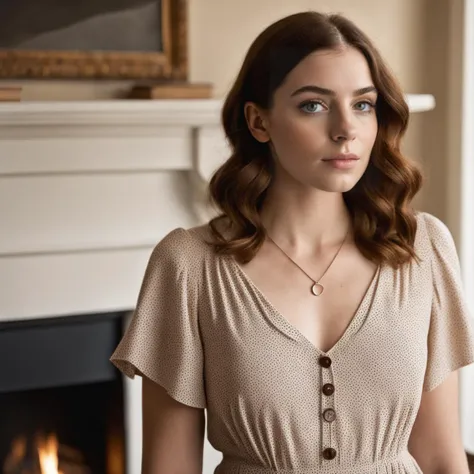 hyperrealistic photo (((from the side,low angle))) of a 22 year old,CHI,(Cypriot and Scottish),pale skin woman wearing size 6B loose Shift dress, ballet flats, pendant necklace. at Cozy fireplace nook,Walking with hands in pockets,pleased,Chestnut hair color,Lowlights,French braid with cascading curls, ((skin dention:1),(freckles:0.3),(skin pores:0.5),(expression lines:0.2),(acne:0.1),(skin imperfections:0.1),(wrinkles:0.2),healthy skin,matte skin,(perfect face:1),(realistic face and eyes:1),(extremely detailed glossy eyes:1),(detailed body)),foreground lighting,Hasselblad X1D II 50C,(8k, RAW photo, best quality, masterpiece),realistic dull skin noise, visible skin detail, skin fuzz, dry skin,hair,breasts,hips,legs ,<lora:polyhedron_all_sdxl-000004:0.2> skin <lora:PerfectEyesXL:0.2> perfecteyes <lora:add-detail-xl:1> portrait, misc,<lora:LPFRECKLES_lora:0.2>,(cleavage) in the style of Berenice Abbott