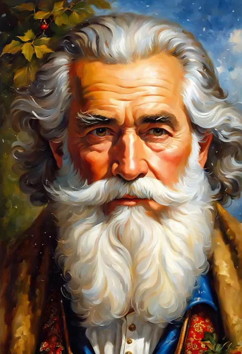 ((best quality)), ((masterpiece)), detailed soft oil painting, detailed background, soft edge lighting, professional, ultra quality, 4k,(masteriece, best quality, 8k, ultra highres, highres:1.4), extremely detailed,
((a strong man of 60 years old with a long snow-white beard in the image of Russian, slavic Grandpa Moroz Morozko))
(standing:2) (full body photo:2) in the snowy forest,
stands in a snowy forest among snow-covered fir trees,
in a white fur coat trimmed with swan down or sable fur, embroidered with traditional Russian ornaments in silver - stars, crosses, geese, drawing in the style of oil painting, medium brush strokes, khokhloma style, slavic style,
On the head is a traditional white warm boyar hat in the shape of a semi-oval, decorated with traditional Russian silver and pearl embroidery, trimmed with swan's down.
on her hands are huge white three-fingered mittens, decorated with traditional Russian silver embroidery.
The fur coat is tied with a white sash, embroidered with traditional Russian patterns.
On his feet are exclusively white felt boots embroidered with silver.
With his right hand he holds a long magical crystal staff with a twisted handle. The staff is decorated with a moon and a bull's head.
looks at the viewer, cheerful calm kind look, kind smile, cheeks red from frost,
winter, a bright sunny frosty day, fluffy Christmas trees in snow, snow sparkles under the rays of the sun,
by Vasnetsov, by Surikov, by Rimsky-Korsakov,