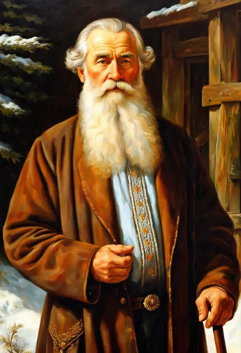 ((best quality)), ((masterpiece)), detailed soft oil painting, detailed background, soft edge lighting, professional, ultra quality, 4k,(masteriece, best quality, 8k, ultra highres, highres:1.4), extremely detailed,
((a strong man of 60 years old with a long snow-white beard in the image of Russian, slavic Grandpa Moroz Morozko))
(standing:2) (full body photo:2) in the snowy forest,
stands in a snowy forest among snow-covered fir trees,
in a white fur coat trimmed with swan down or sable fur, embroidered with traditional Russian ornaments in silver - stars, crosses, geese, drawing in the style of oil painting, medium brush strokes, khokhloma style, slavic style,
On the head is a traditional white warm boyar hat in the shape of a semi-oval, decorated with traditional Russian silver and pearl embroidery, trimmed with swan's down.
on her hands are huge white three-fingered mittens, decorated with traditional Russian silver embroidery.
The fur coat is tied with a white sash, embroidered with traditional Russian patterns.
On his feet are exclusively white felt boots embroidered with silver.
With his right hand he holds a long magical crystal staff with a twisted handle. The staff is decorated with a moon and a bull's head.
looks at the viewer, cheerful calm kind look, kind smile, cheeks red from frost,
winter, a bright sunny frosty day, fluffy Christmas trees in snow, snow sparkles under the rays of the sun,
by Vasnetsov, by Surikov, by Rimsky-Korsakov,