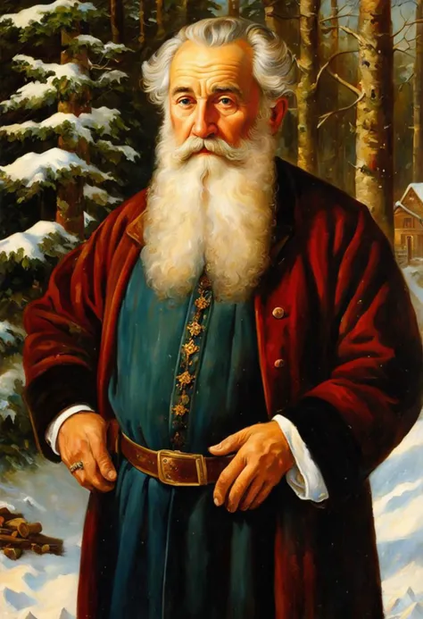((best quality)), ((masterpiece)), detailed soft oil painting, detailed background, soft edge lighting, professional, ultra quality, 4k,(masteriece, best quality, 8k, ultra highres, highres:1.4), extremely detailed,
((a strong man of 60 years old with a long snow-white beard in the image of Russian, slavic Grandpa Moroz Morozko))
(standing:2) (full body photo:2) in the snowy forest,
stands in a snowy forest among snow-covered fir trees,
in a white fur coat trimmed with swan down or sable fur, embroidered with traditional Russian ornaments in silver - stars, crosses, geese, drawing in the style of oil painting, medium brush strokes, khokhloma style, slavic style,
On the head is a traditional white warm boyar hat in the shape of a semi-oval, decorated with traditional Russian silver and pearl embroidery, trimmed with swan's down.
on her hands are huge white three-fingered mittens, decorated with traditional Russian silver embroidery.
The fur coat is tied with a white sash, embroidered with traditional Russian patterns.
On his feet are exclusively white felt boots embroidered with silver.
With his right hand he holds a long magical crystal staff with a twisted handle. The staff is decorated with a moon and a bull's head.
looks at the viewer, cheerful calm kind look, kind smile, cheeks red from frost,
winter, a bright sunny frosty day, fluffy Christmas trees in snow, snow sparkles under the rays of the sun,
by Vasnetsov, by Surikov, by Rimsky-Korsakov,