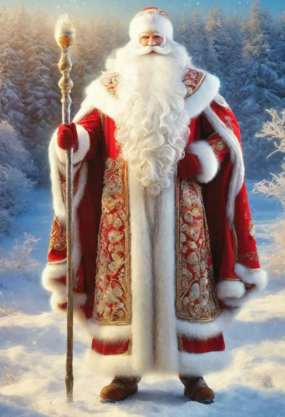 ((best quality)), ((masterpiece)), detailed soft oil painting, detailed background, soft edge lighting, professional, ultra quality, 4k,(masteriece, best quality, 8k, ultra highres, highres:1.4), extremely detailed,
((a strong man of 60 years old with a long snow-white beard in the image of Russian, slavic Ded Moroz))
(standing:2) (full body photo:2) in the snowy forest,
stands in a snowy forest among snow-covered fir trees,
in a white fur coat trimmed with swan down or sable fur, embroidered with traditional Russian ornaments in silver - stars, crosses, geese, drawing in the style of oil painting, medium brush strokes, khokhloma style, slavic style,
On the head is a traditional white warm boyar hat in the shape of a semi-oval, decorated with traditional Russian silver and pearl embroidery, trimmed with swan's down.
on her hands are huge white three-fingered mittens, decorated with traditional Russian silver embroidery.
The fur coat is tied with a white sash, embroidered with traditional Russian patterns.
On his feet are exclusively white felt boots embroidered with silver.
(((With his right hand he holds a long magical crystal staff with a twisted handle. The staff is decorated with a moon and a bull's head))).
looks at the viewer, cheerful calm kind look, kind smile, cheeks red from frost,
winter, a bright sunny frosty day, fluffy Christmas trees in snow, snow sparkles under the rays of the sun,
by Viktor Vasnetsov, by Vasily Surikov