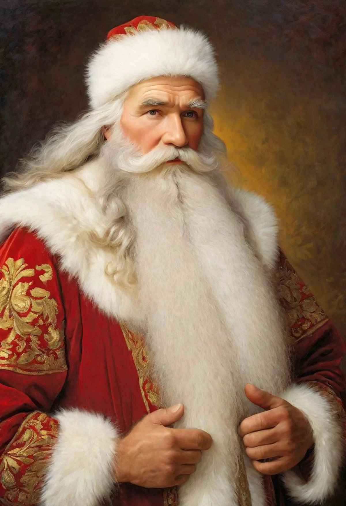 ((best quality)), ((masterpiece)), detailed soft oil painting, detailed background, soft edge lighting, professional, ultra quality, 4k,(masteriece, best quality, 8k, ultra highres, highres:1.4), extremely detailed,
((a strong man of 60 years old with a long snow-white beard in the image of Russian, slavic Ded Moroz))
(standing:2) (full body photo:2) in the snowy forest,
stands in a snowy forest among snow-covered fir trees,
in a white fur coat trimmed with swan down or sable fur, embroidered with traditional Russian ornaments in silver - stars, crosses, geese, drawing in the style of oil painting, medium brush strokes, khokhloma style, slavic style,
On the head is a traditional white warm boyar hat in the shape of a semi-oval, decorated with traditional Russian silver and pearl embroidery, trimmed with swan's down.
on her hands are huge white three-fingered mittens, decorated with traditional Russian silver embroidery.
The fur coat is tied with a white sash, embroidered with traditional Russian patterns.
On his feet are exclusively white felt boots embroidered with silver.
With his right hand he holds a long magical crystal staff with a twisted handle. The staff is decorated with a moon and a bull's head.
looks at the viewer, cheerful calm kind look, kind smile, cheeks red from frost,
winter, a bright sunny frosty day, fluffy Christmas trees in snow, snow sparkles under the rays of the sun,
by Vasnetsov, by Surikov,