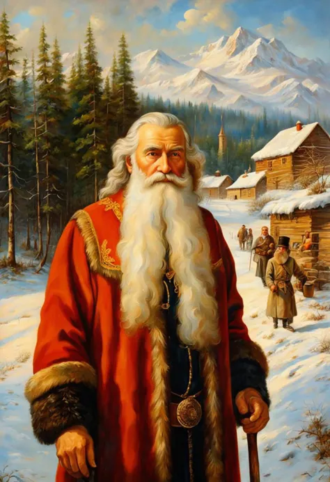 ((best quality)), ((masterpiece)), detailed soft oil painting, detailed background, soft edge lighting, professional, ultra quality, 4k,(masteriece, best quality, 8k, ultra highres, highres:1.4), extremely detailed,
((a strong man of 60 years old with a long snow-white beard in the image of Russian, slavic Grandpa Moroz Morozko))
(standing:2) (full body photo:2) in the snowy forest,
stands in a snowy forest among snow-covered fir trees,
in a white fur coat trimmed with swan down or sable fur, embroidered with traditional Russian ornaments in silver - stars, crosses, geese, drawing in the style of oil painting, medium brush strokes, khokhloma style, slavic style,
On the head is a traditional white warm boyar hat in the shape of a semi-oval, decorated with traditional Russian silver and pearl embroidery, trimmed with swan's down.
on her hands are huge white three-fingered mittens, decorated with traditional Russian silver embroidery.
The fur coat is tied with a white sash, embroidered with traditional Russian patterns.
On his feet are exclusively white felt boots embroidered with silver.
With his right hand he holds a long magical crystal staff with a twisted handle. The staff is decorated with a moon and a bull's head.
looks at the viewer, cheerful calm kind look, kind smile, cheeks red from frost,
winter, a bright sunny frosty day, fluffy Christmas trees in snow, snow sparkles under the rays of the sun,
by Vasnetsov, by Surikov, by Rimsky-Korsakov,