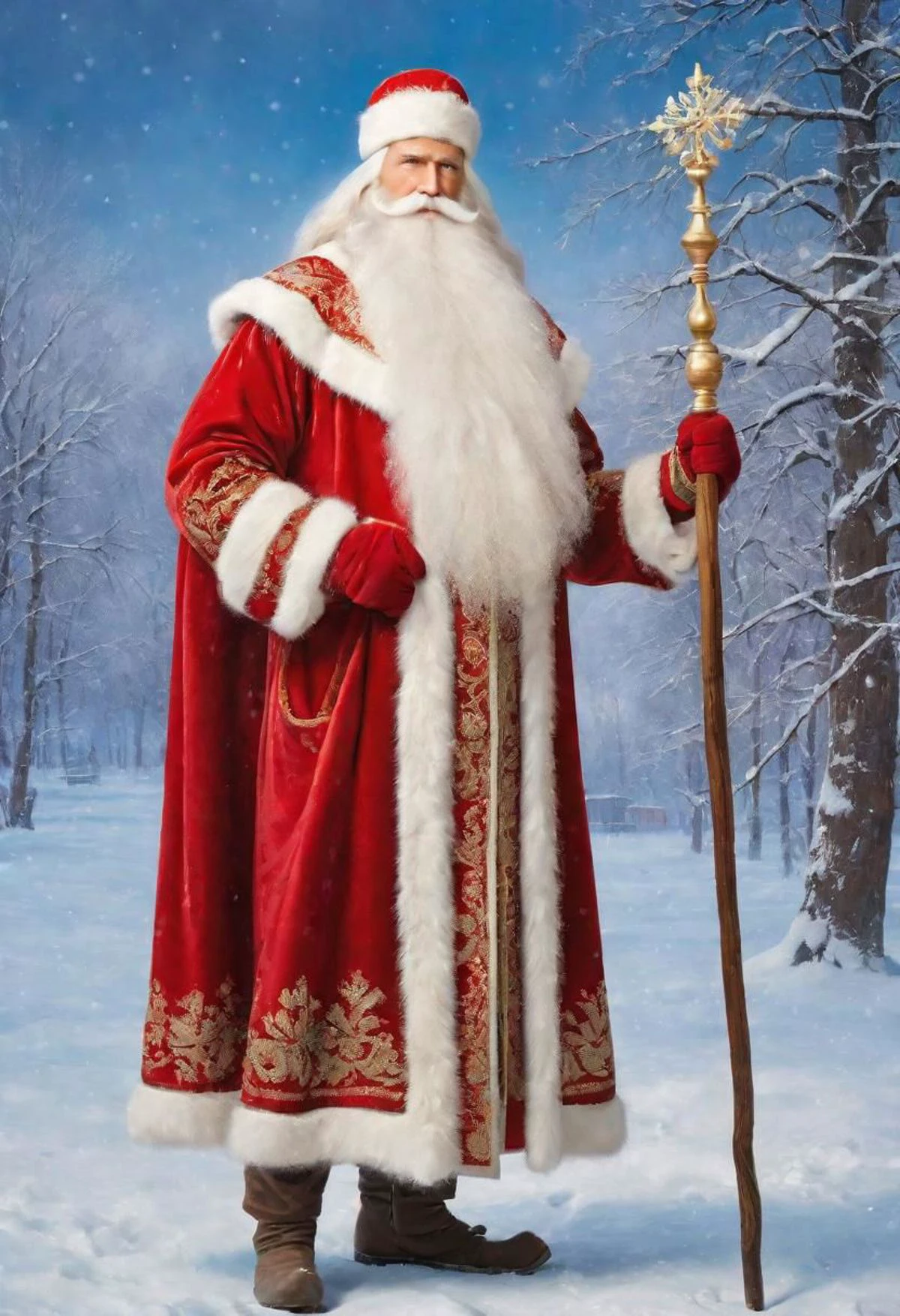 ((best quality)), ((masterpiece)), detailed soft oil painting, detailed background, soft edge lighting, professional, ultra quality, 4k,(masteriece, best quality, 8k, ultra highres, highres:1.4), extremely detailed,
((a strong man of 60 years old with a long snow-white beard in the image of Russian, slavic Ded Moroz))
(standing:2) (full body photo:2) in the snowy forest,
stands in a snowy forest among snow-covered fir trees,
in a white fur coat trimmed with swan down or sable fur, embroidered with traditional Russian ornaments in silver - stars, crosses, geese, drawing in the style of oil painting, medium brush strokes, khokhloma style, slavic style,
On the head is a traditional white warm boyar hat in the shape of a semi-oval, decorated with traditional Russian silver and pearl embroidery, trimmed with swan's down.
on her hands are huge white three-fingered mittens, decorated with traditional Russian silver embroidery.
The fur coat is tied with a white sash, embroidered with traditional Russian patterns.
On his feet are exclusively white felt boots embroidered with silver.
(((With his right hand he holds a long magical crystal staff with a twisted handle. The staff is decorated with a moon and a bull's head))).
looks at the viewer, cheerful calm kind look, kind smile, cheeks red from frost,
winter, a bright sunny frosty day, fluffy Christmas trees in snow, snow sparkles under the rays of the sun,
by Viktor Vasnetsov, by Vasily Surikov