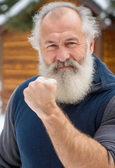 close-up photo, extended his arm bent at the elbow, (((folded his hand into a fist, give a fis, focus on the fist))),
text "%C9 20<!"
(a strong Russian man of 60 years old with a long snow-white beard) 
looks at the viewer, cheerfully and slyly with the cunning
winter, a bright sunny frosty day, fluffy Christmas trees in snow, snow sparkles under the rays of the sun,
((best quality)), ((masterpiece)), detailed soft oil painting, detailed background, soft edge lighting, professional, ultra quality, 4k,(masteriece, best quality, 8k, ultra highres, highres:1.4), extremely detailed,