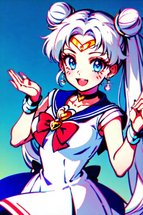 <lyco:Sailor_Cosmos-10:1> 1girl, solo, long hair, white choker, blue eyes, smile, white sailor collar, choker, signature, sailor collar, twintails, hair bun, sailor senshi uniform, double bun, facial mark, white hair, jewelry, forehead mark, open mouth, dress, magical girl, brooch, white dress, looking at viewer, :d, hair ornament, hairpin, own hands together, earrings, very long hair, collarbone