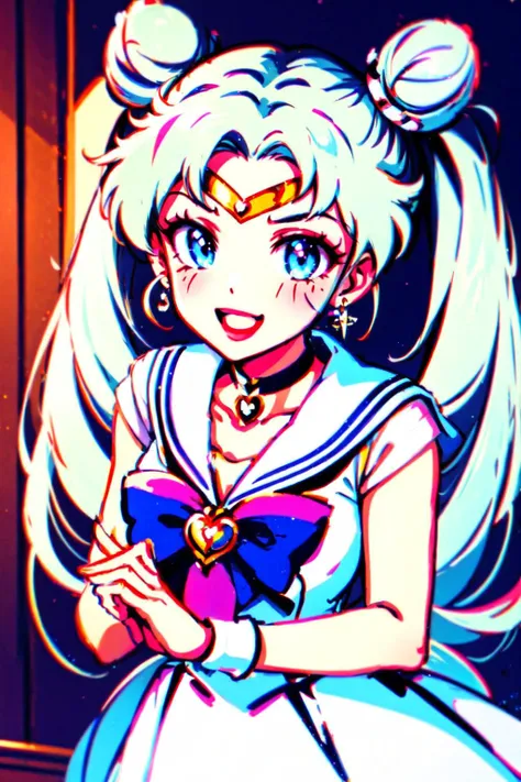 <lyco:Sailor_Cosmos-10:1> 1girl, solo, long hair, white choker, blue eyes, smile, white sailor collar, choker, signature, sailor collar, twintails, hair bun, sailor senshi uniform, double bun, facial mark, white hair, jewelry, forehead mark, open mouth, dress, magical girl, brooch, white dress, looking at viewer, :d, hair ornament, hairpin, own hands together, earrings, very long hair, collarbone