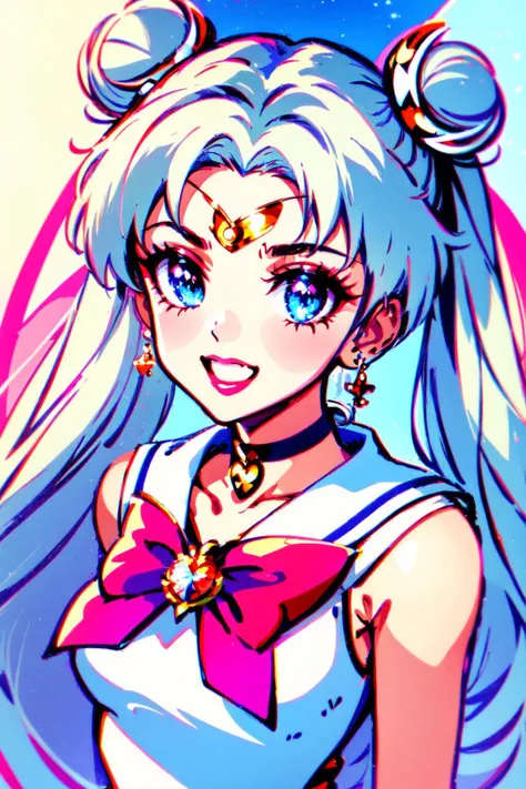 <lyco:Sailor_Cosmos-10:1> Sailor Cosmos, (masterpiece, fxaa, detailed hair, shiny skin) 1girl, solo, long hair, white choker, blue eyes, smile, white sailor collar, choker, signature, sailor collar, twintails, hair bun, sailor senshi uniform, double bun, facial mark, white hair, jewelry, forehead mark, open mouth, dress, magical girl, brooch, white dress, looking at viewer, :d, hair ornament, hairpin, own hands together, earrings, very long hair, collarbone