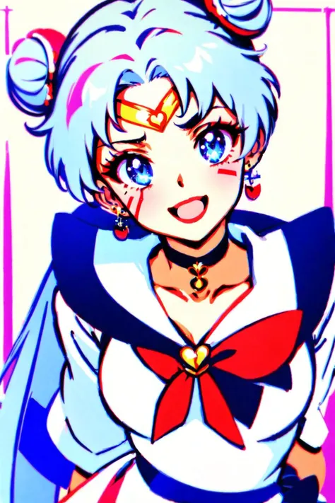 <lyco:Sailor_Cosmos-10:1> 1girl, solo, long hair, white choker, blue eyes, smile, white sailor collar, choker, signature, sailor collar, twintails, hair bun, sailor senshi uniform, double bun, facial mark, white hair, jewelry, forehead mark, open mouth, dress, magical girl, brooch, white dress, looking at viewer, :d, hair ornament, hairpin, own hands together, earrings, very long hair, collarbone