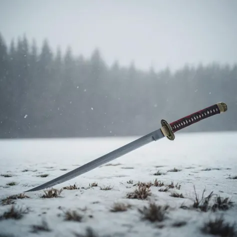 cinematic film still of  <lora:female samurai style v2:1>
full shot, an epic cinematic photo of a samurai sword stuck in the snow ground, with a lot of blood on ground, in a rainy snow storm, in a snow field, female samurai style, shallow depth of field, vignette, highly detailed, high budget, bokeh, cinemascope, moody, epic, gorgeous, film grain, grainy