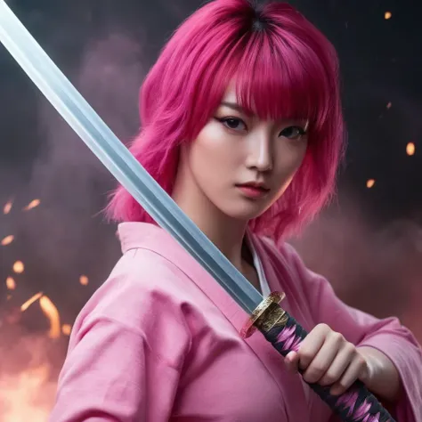 UHD, 4k, ultra detailed, cinematic, a photograph of <lora:female samurai style v2:1>
full shot, an epic cinematic photo of a pink hair woman holding a Katana sword in her perfect hand, while staring at camera, in a pink outfit and white katana grey rob, with smoke flame ashes background, female samurai style, epic, beautiful lighting, inpsiring