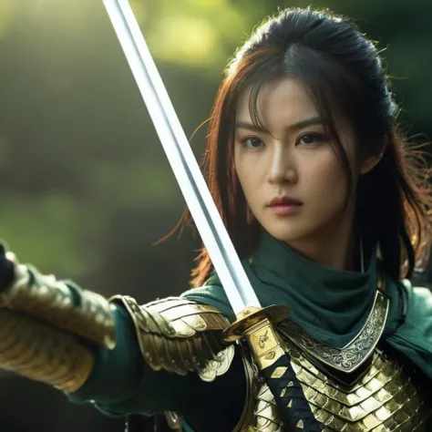 UHD, 4k, ultra detailed, cinematic, a photograph of <lora:female samurai style v2:1>
medium shot, an epic cinematic photo of a woman in warrior armor holding a Katana sword with perfect hand, while staring at camera, with perfect face partially covered in sunlight shadow, with dark green background, female samurai style, epic, beautiful lighting, inpsiring