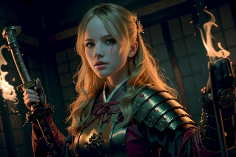 Horror-themed,  wide angle,<lora:samurai style SD1.5:1.2>
an epic cinematic photo of <lora:HalstonSage_v1:1> halstonsage, blonde hair, blue eyes in a legendary armor holding an epic katana with perfect hands female samurai style, feudal Japan, shogunate, Eerie, unsettling, dark, spooky, suspenseful, grim, highly detailed, (battle field) , blood, smoke, fire<lora:detail_slider_v4:2.4>