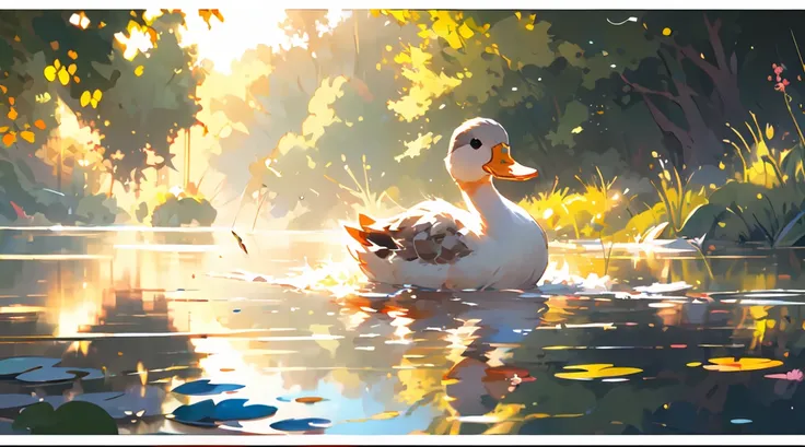 (masterpiece:1.2), best quality, PIXIV, duck, no humans, reflection, letterboxed, outdoors, tree, scenery, water, animal focus, ripples, solo, animal, reflective water, <lora:duck_20230805184525:0.8>