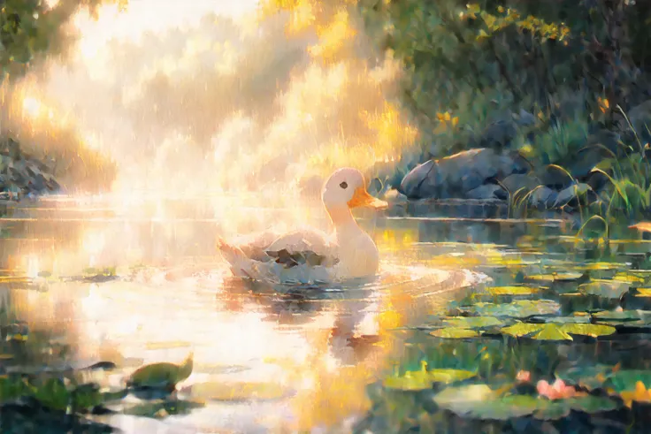 (masterpiece:1.2), best quality, PIXIV, duck, no humans, reflection, outdoors, tree, scenery, water, animal focus, ripples, solo, animal, reflective water, <lora:duck_20230805184525:0.8>