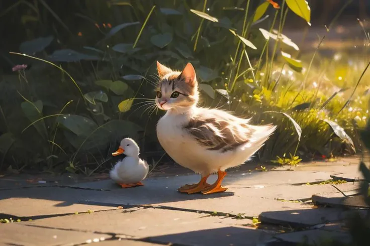 masterpiece, best quality, ultra-detailed, 8k, highres, absurdres, Amazing, finely detail, best shadow, outdoor, no humans, cat playing with call duck, close up, <lora:duck_20230805184525:0.8>
