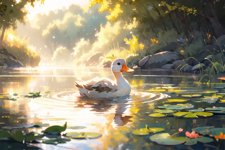 (masterpiece:1.2), best quality, PIXIV, duck, no humans, reflection, outdoors, tree, scenery, water, animal focus, ripples, solo, animal, reflective water, <lora:duck_20230805184525:0.8>
