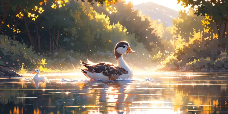 (masterpiece:1.2), best quality,PIXIV, 
duck, no humans, reflection, letterboxed, outdoors, tree, scenery, water, animal focus, ripples, solo, animal, reflective water
 <lora:duck_20230805184525:0.8>