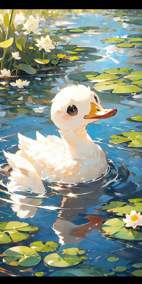 (masterpiece:1.2), best quality,PIXIV,
no humans, water, animal focus, duck, letterboxed, bird, outdoors, lily pad, animal, ripples, day, leaf, reflection, partially submerged, black eyes, scenery, solo
<lora:duck_20230805184525-000018:0.8>