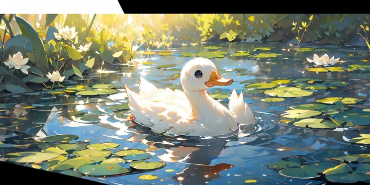 (masterpiece:1.2), best quality,PIXIV,
no humans, water, animal focus, duck, letterboxed, bird, outdoors, lily pad, animal, ripples, day, leaf, reflection, partially submerged, black eyes, scenery, solo
<lora:duck_20230805184525-000018:0.8>