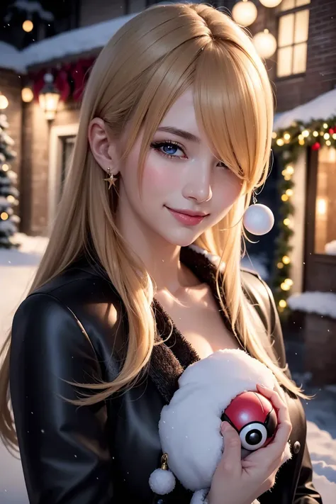 (RAW 8k photo) of cynthia_pok_ecsta, cynthia (pokemon), blonde hair, hair over one eye, grey eyes, hair ornament, black jacket dress, <lora:Cynthia_Pokemon_Ecsta:0.8>, (RAW photo, best quality), (realistic, photo-realistic:1.4), masterpiece, an extremely delicate and beautiful, extremely detailed, 2k wallpaper, Amazing, finely detail, extremely detailed CG unity 8k wallpaper, ultra-detailed, highres, soft light, mascara, makeup, beautiful detailed woman, (holding a pokeball), smiling, perfect anatomy, long hair, extremely detailed eyes and face, beautiful detailed nose, beautiful detailed eyes, cinematic lighting, photoshoot, outside, christmas backdrop, winter town scenery, christmas decorations, snow, nighttime