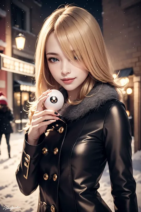 (RAW 8k photo) of cynthia_pok_ecsta, cynthia (pokemon), blonde hair, hair over one eye, grey eyes, hair ornament, black jacket dress, <lora:Cynthia_Pokemon_Ecsta:0.8>, (RAW photo, best quality), (realistic, photo-realistic:1.4), masterpiece, an extremely delicate and beautiful, extremely detailed, 2k wallpaper, Amazing, finely detail, extremely detailed CG unity 8k wallpaper, ultra-detailed, highres, soft light, mascara, makeup, beautiful detailed woman, (holding a pokeball), smiling, perfect anatomy, long hair, extremely detailed eyes and face, beautiful detailed nose, beautiful detailed eyes, cinematic lighting, photoshoot, outside, christmas backdrop, winter town scenery, christmas decorations, snow, nighttime