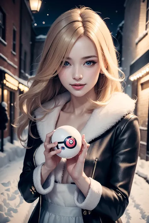 (RAW 8k photo) of cynthia_pok_ecsta, cynthia (pokemon), blonde hair, hair over one eye, grey eyes, hair ornament, black jacket dress, <lora:Cynthia_Pokemon_Ecsta:0.8>, (RAW photo, best quality), (realistic, photo-realistic:1.4), masterpiece, an extremely delicate and beautiful, extremely detailed, 2k wallpaper, Amazing, finely detail, extremely detailed CG unity 8k wallpaper, ultra-detailed, highres, soft light, mascara, makeup, beautiful detailed woman, (holding a pokeball), smiling, perfect anatomy, long hair, extremely detailed eyes and face, beautiful detailed nose, beautiful detailed eyes, cinematic lighting, photoshoot, outside, christmas backdrop, winter town scenery, christmas decorations, snow, nighttime